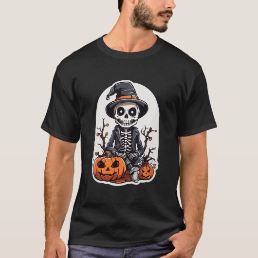 ハロウィーンスケルトンパンプキンウィッチアート Tシャツ (正面)