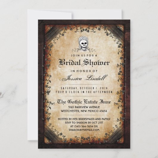 ハロウィーンスケルトンブラウンゴシックブライダルシャワー 招待状 (正面)