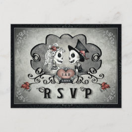 ハロウィーンスケルトンブラックグレー&赤いハートRSVP インビテーションポストカード