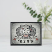 ハロウィーンスケルトンブラックグレー&赤いハートRSVP インビテーションポストカード (スタンド正面)