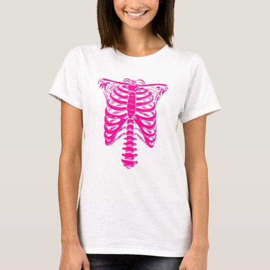 ハロウィーンスケルトンリブケージピンク Tシャツ (正面)