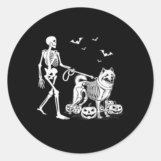 ハロウィーンスケルトン歩くサモイエドッグ ラウンドシール (正面)