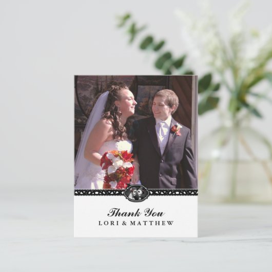 ハロウィーンスケルトン白黒写真ありがとう ポストカード (スタンド正面)