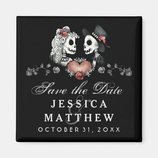 ハロウィーンスケルトン黒いハート日付の保存 マグネット (正面)