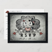 ハロウィーンスケルトン黒グレー&ハートメニュー出欠 インビテーションポストカード (正面/裏面)