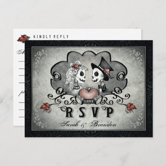 ハロウィーンスケルトン黒グレー&ハートメニュー出欠 インビテーションポストカード (正面/裏面)