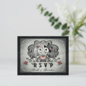 ハロウィーンスケルトン黒グレー&ハートメニュー出欠 インビテーションポストカード (スタンド正面)