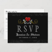 ハロウィーンスケルトン&ハートマッチング結婚式RSVP インビテーションポストカード (正面/裏面)