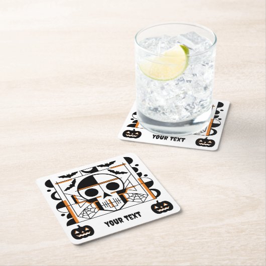 ハロウィーンスタイルスカル、こうもり、クモの巣 スクエアペーパーコースター (インサイチュ)