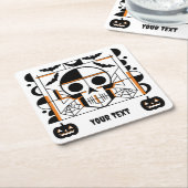 ハロウィーンスタイルスカル、こうもり、クモの巣 スクエアペーパーコースター (アングル)