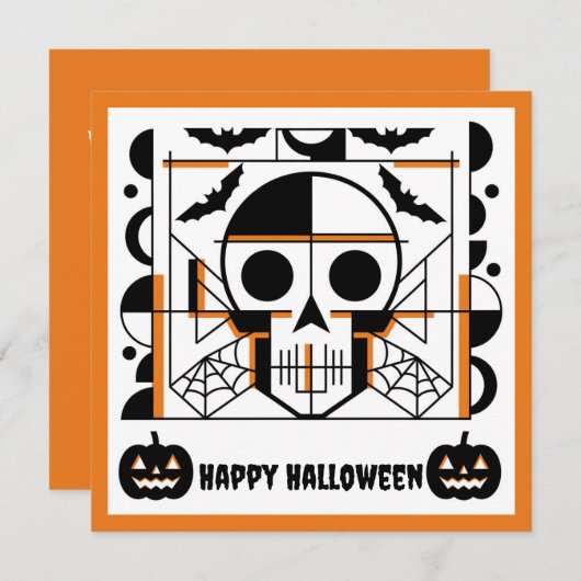 ハロウィーンスタイルスカル、こうもり、クモの巣 招待状 (正面/裏面)