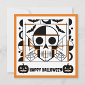 ハロウィーンスタイルスカル、こうもり、クモの巣 招待状 (正面)