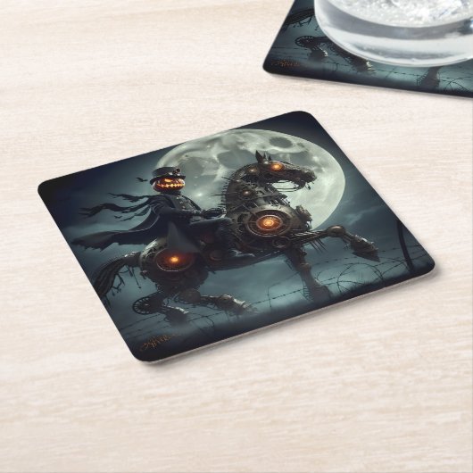 ハロウィーンスチームパンクヘッドレスホースマン スクエアペーパーコースター (アングル)