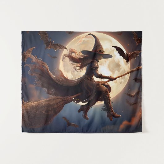 ハロウィーンスティームパンクウィッチムーンライトフライト タペストリー (正面(横))