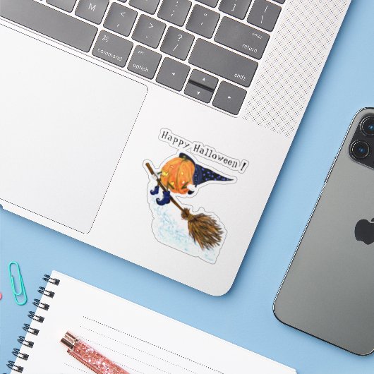 ハロウィーンステッカー魔女かぼちゃ飛んでいるほうき シール (ノートパソコンとiPhone)