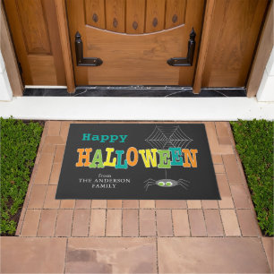 ハロウィーンスパイダーアンドくもの巣カラフルハッピーハローウィン ドアマット
