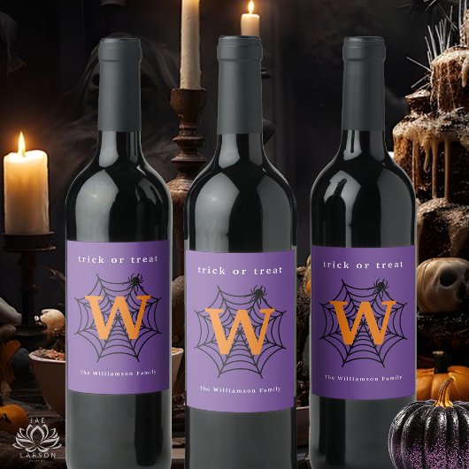 ハロウィーンスパイダーウェブトリックまたはトリートモノグラム ワインラベル