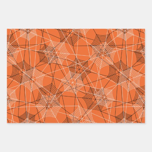 ハロウィーンスパイダーウェブ白黒オレンジギフト ラッピングペーパーシート (正面2)