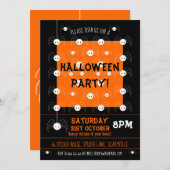 ハロウィーンスパイダー招待状かわいい黒とオレンジ 招待状 (正面/裏面)