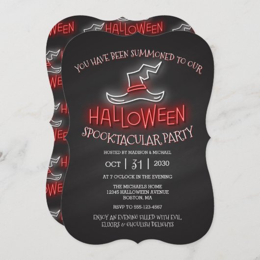 ハロウィーンスプークタキュラネオンウィッチハットパーティー 招待状 (正面/裏面)