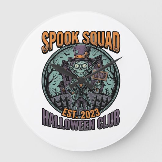 ハロウィーンゾンビシャツ 楽しいスプーク部隊の彫刻 ラージ壁時計 (正面)
