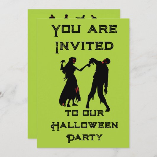 ハロウィーンゾンビパーティの招待状グリーン 招待状 (正面/裏面)