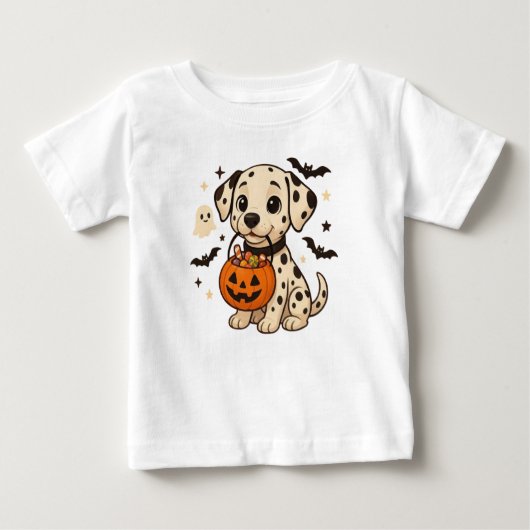 ハロウィーンダルマチアン犬のトリックまたは治療 ベビーTシャツ (正面)
