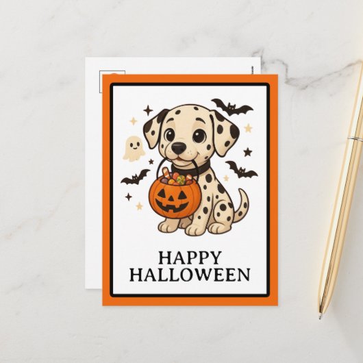 ハロウィーンダルマティアンドッグトリックまたはトリートパーティー シーズンポストカード (正面/裏面インサイチュ)