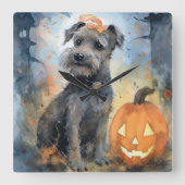 ハロウィーンチェサピーク湾テリアとカボチャ スクエア壁時計 (正面)