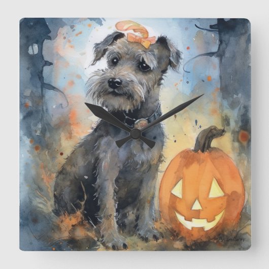 ハロウィーンチェサピーク湾テリアとカボチャ スクエア壁時計 (正面)