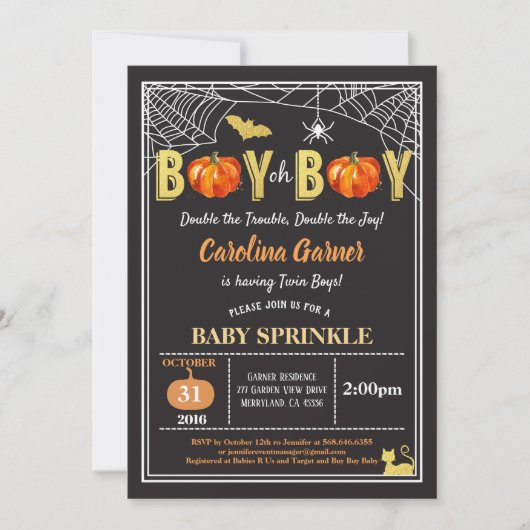 ハロウィーンツインズ男の赤ちゃんスプリンク金ゴールド 招待状 (正面)