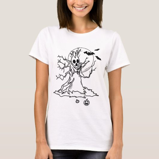 ハロウィーンツリーと〔雄ジカの〕枝角、月、カボチャ Tシャツ (正面)
