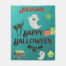 ハロウィーンティール（緑がかった色）とグリーン フリースブランケット