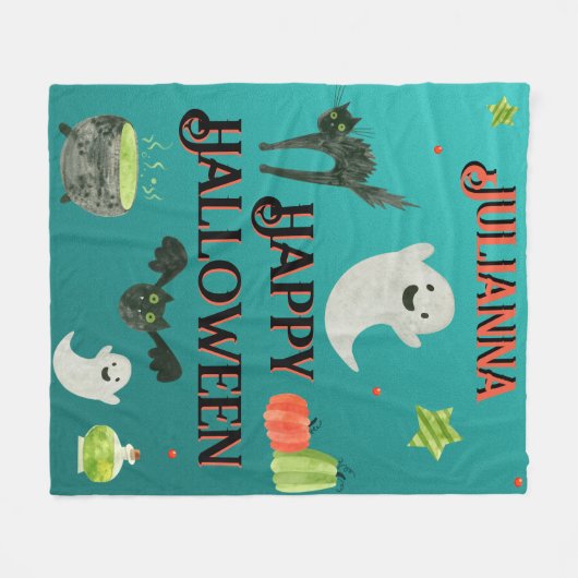 ハロウィーンティール(緑がかった色)とグリーン フリースブランケット (正面(横))