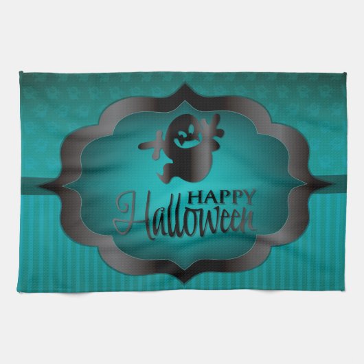 ハロウィーンティール(緑がかった色)幽霊 キッチンタオル (横)