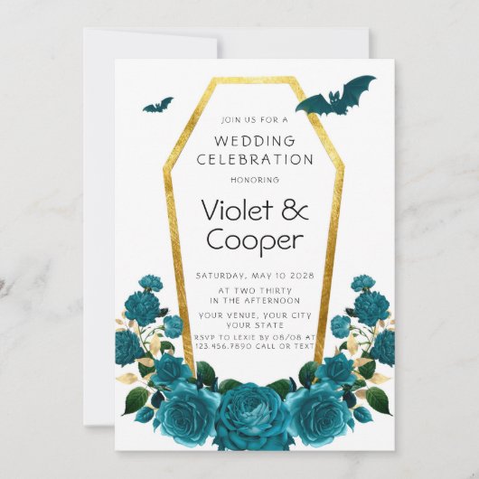 ハロウィーンティール（緑がかった色）花模様金ゴールドフローラ結婚ズ 招待状 (正面)