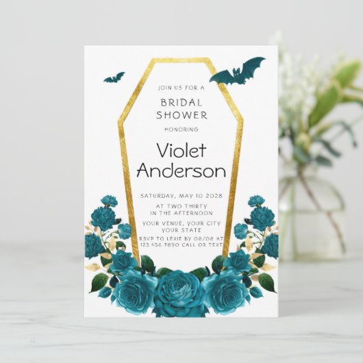 ハロウィーンティール（緑がかった色）金ゴールド棺花模様ブライダルシャワー 招待状 (スタンド正面)