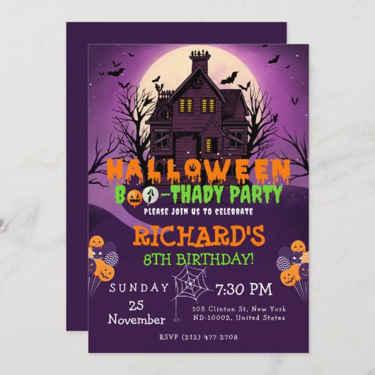 ハロウィーンテーマ子供の誕生日パーティー 招待状 (正面/裏面)