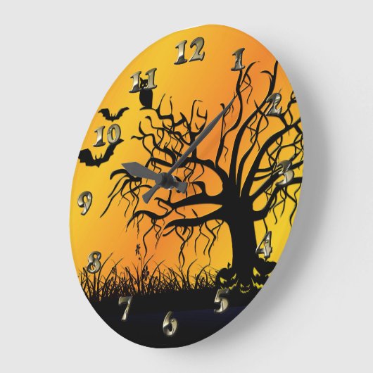ハロウィーンデザインとこうもり、木とカボチャ ラージ壁時計 (傾斜)