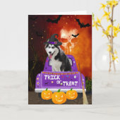 ハロウィーントラックのシベリアのハスキー犬 カード (黄色い花)