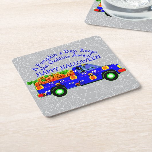 ハロウィーントラックカボチャ保ーデイ遠くにゴブリン スクエアペーパーコースター (アングル)