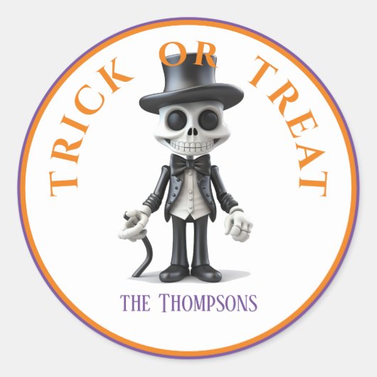 ハロウィーントリックまたはスタイリッシュスーツのスケルトンの治療 ラウンドシール (正面)