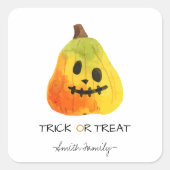 ハロウィーントリックまたはトリートウォーターカラーパンプキンキッズ スクエアシール (正面)