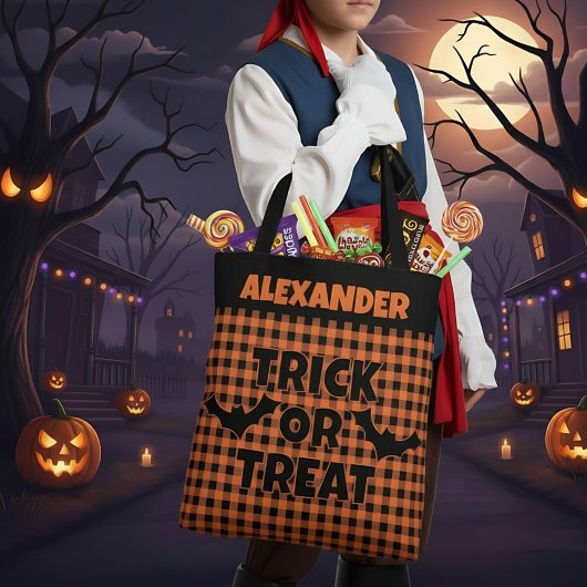ハロウィーントリックまたはトリートオレンジ&ブラックプレイド名 トートバッグ