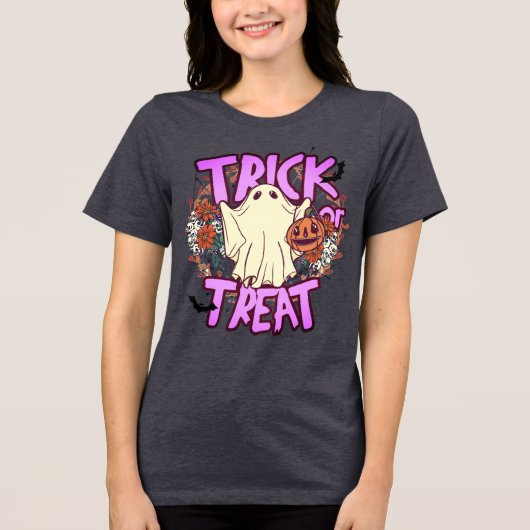 ハロウィーントリックまたはトリートタイポグラフィ幽霊パンプキン トライブレンドＴシャツ (正面)