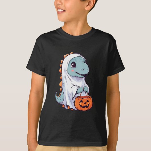 ハロウィーントリックまたはトリート恐竜Tレックス幽霊 Tシャツ (正面)