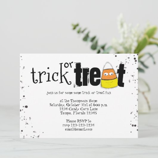 ハロウィーントリックまたは可愛いキャンディーコーンのシンプル治療 招待状 (スタンド正面)