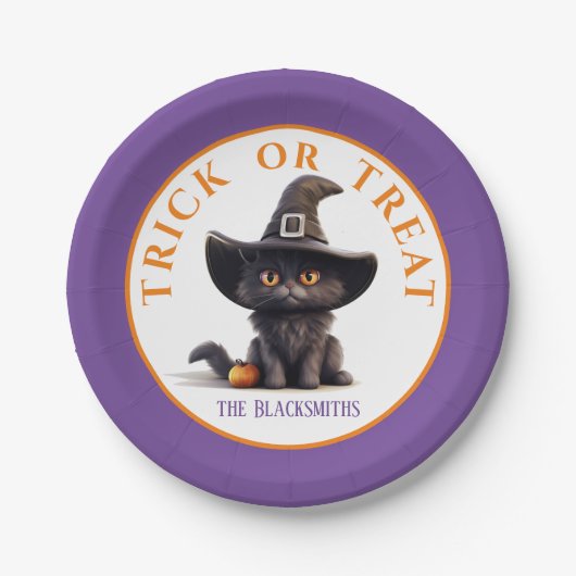 ハロウィーントリックまたは可愛い黒猫の魔女の帽子を治療 ペーパープレート (正面)