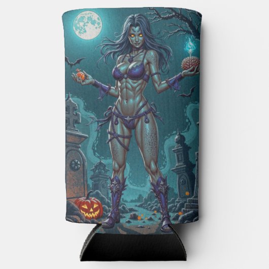 ハロウィーントリートまたはゾンビガールフレンドw脳 スリム缶クーラー (正面)