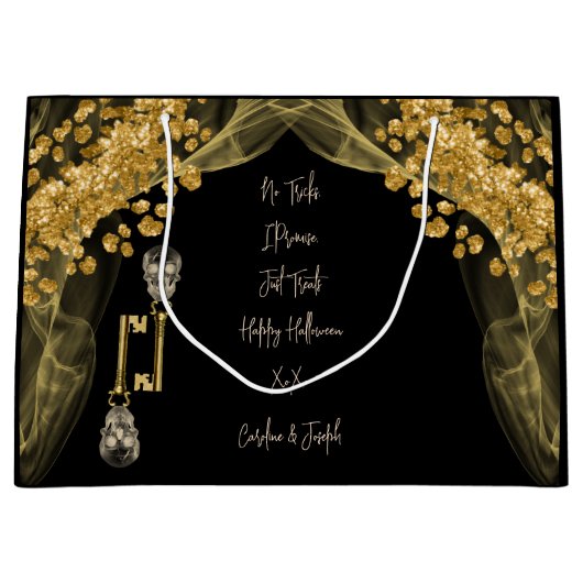 ハロウィーントリートグリッター&金ゴールド不気味スカル ラージペーパーバッグ (正面)